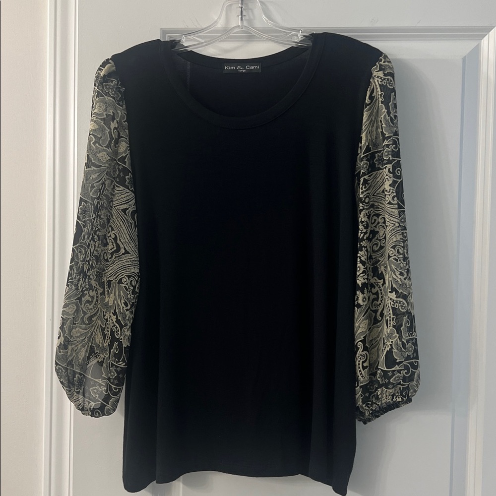 Black Top with Woven Patterned Sleeves